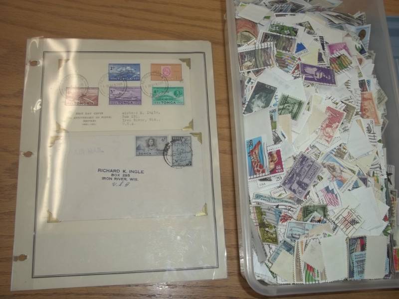 lot 11 image: First Day Issue Stamps with Large Shoe box tote of Assorted Stamps