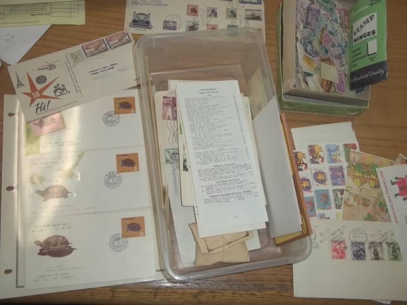 lot 13 image: First Day Issue Stamps with Large Shoe box tote of Assorted Stamps