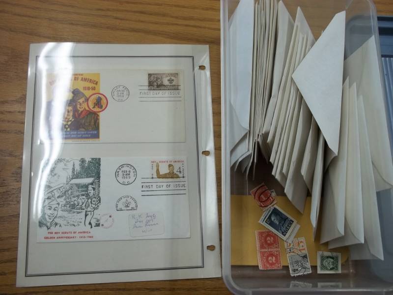 lot 15 image: First Day Issue Stamps with Large Shoe box tote of Assorted Stamps