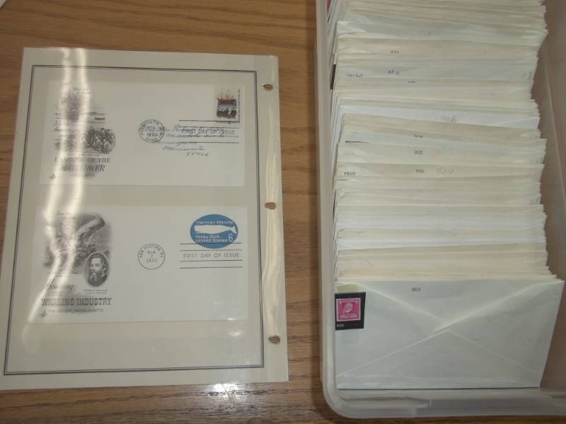 lot 23 image: First Day Issue Stamps with Large Shoe box tote of Sorted by Stamp Number marked 865-959