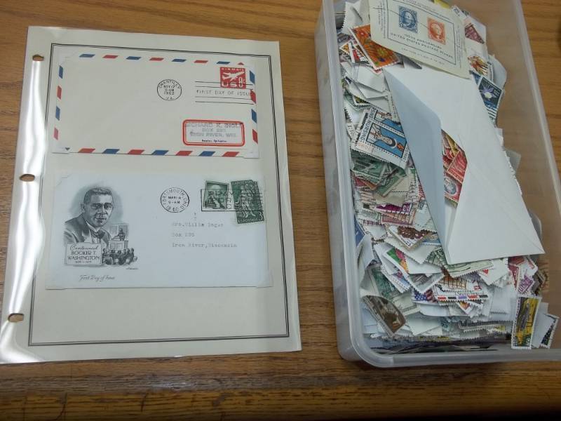 lot 29 image: First Day Issue Stamps with Large Shoe box tote of Assorted Stamps