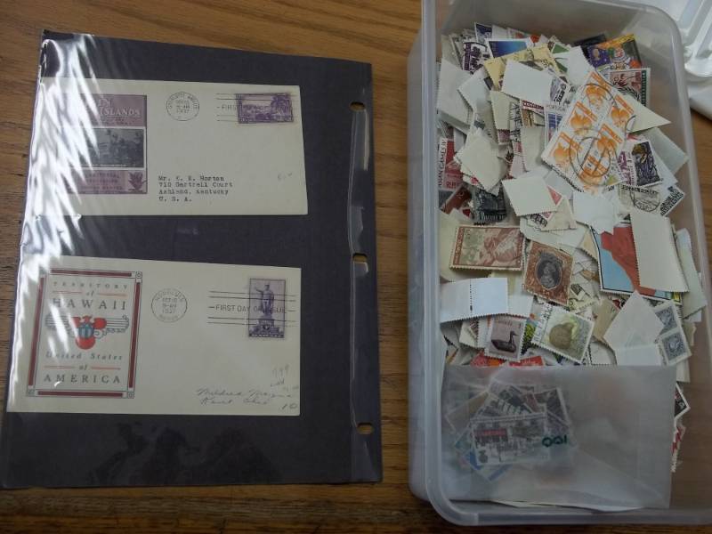 lot 32 image: First Day Issue Stamps with Large Shoe box tote of Assorted Stamps