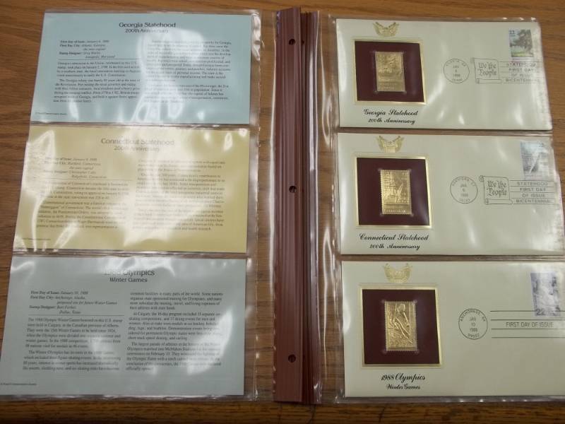 lot 41 image: First Day of Issue 22K Gold Proof Replicas Set of 3 Will  Fit into Binder of Lot 32