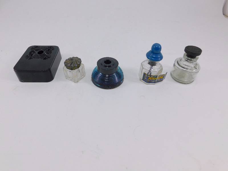 lot 42 image: Lot of Vintage Fountain Pen Ink Wells and Glass Ink Bottles