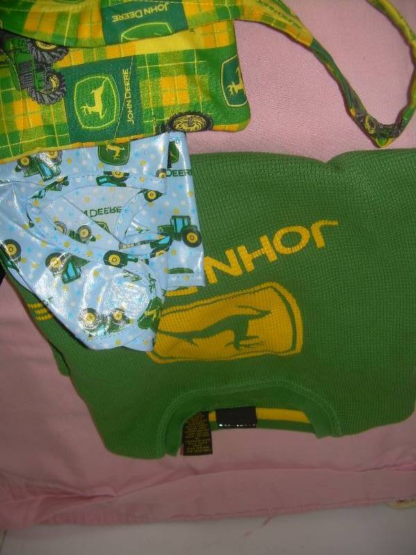 JOHN DEERE APRON , SHIRT , TEDDY BEAR , AND BIB