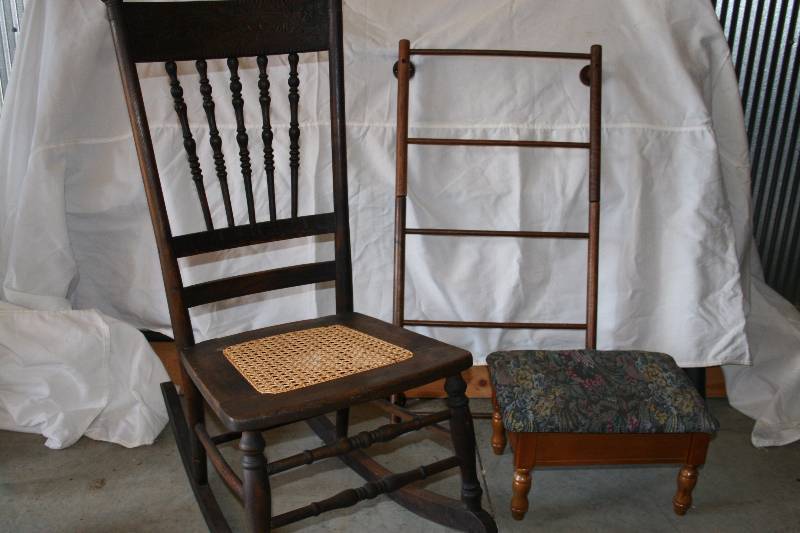 lot 84 image: Rocking Chair, Foot Stool, and Display Rack