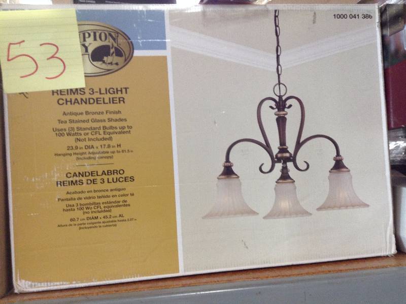 lot 53 image: Hampton Bay Reims 3 Light Chandelier New