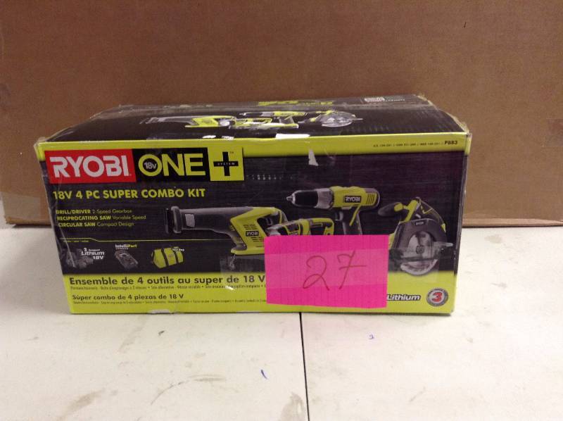 lot 27 image: Ryobi One Plus 18V  4 PC Super Combo Kit