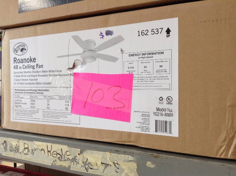 lot 103 image: Hampton Bay Roanoke 48 in Ceiling Fan Not used