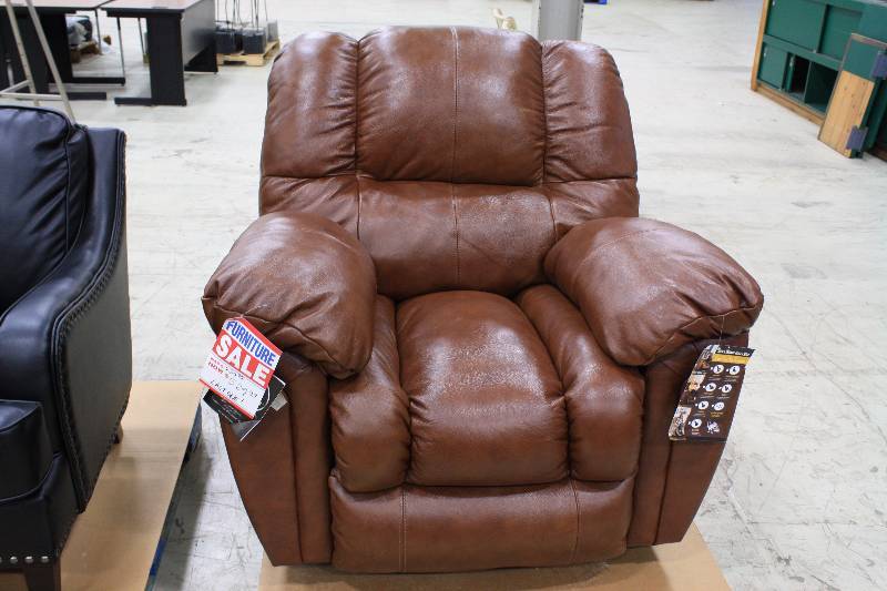 lot 8 image: Brown Genuine Leather Rocker & Recliner Chair  Brand New