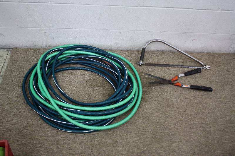 lot 202 image: Garden Hoses, Hand saw & Trimmer
