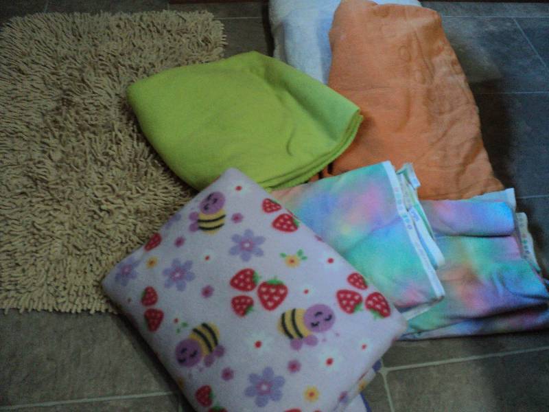 lot 11 image: box of rug, towels, and fleece mate...