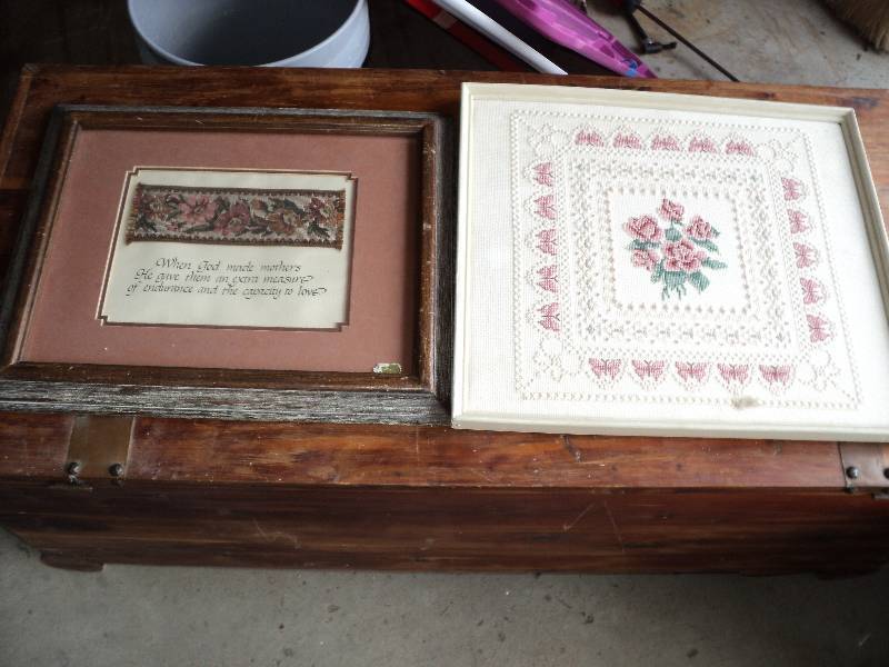 lot 74 image: 2 pictures, 1 cross stitch...