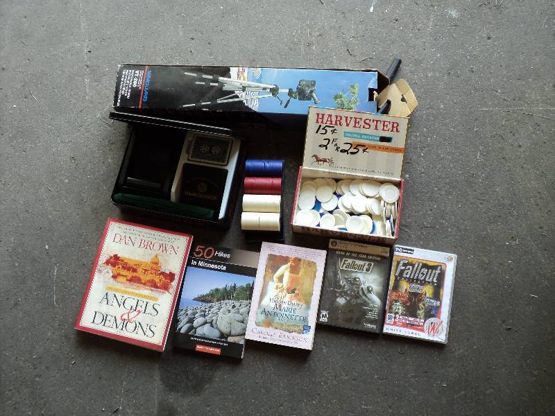 lot 80 image: box of tripod, blackjack, chips, bo...