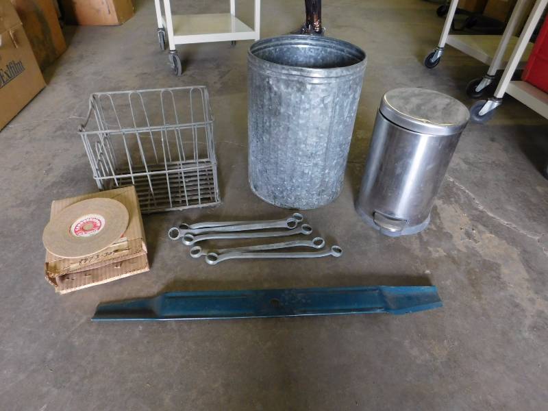 lot 44 image: Misc. Lot- Metal Bin, Wrenches, Small Metal  Trash Cans, 30 Lawn Mower Blade, Sanding Disks, Shovel
