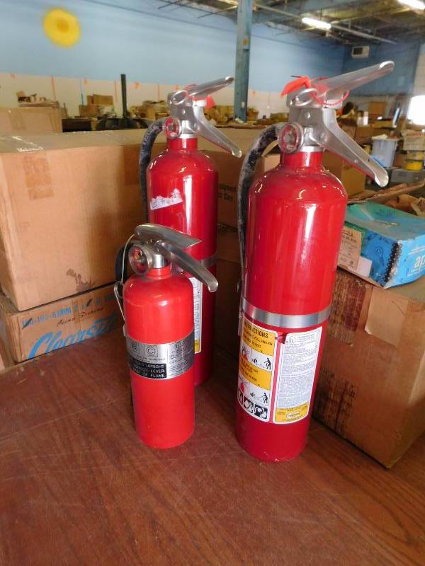 lot 80 image: 3 Fire Extinguishers, Small one has Been Discharged, Other 2 Have not Been Discharged