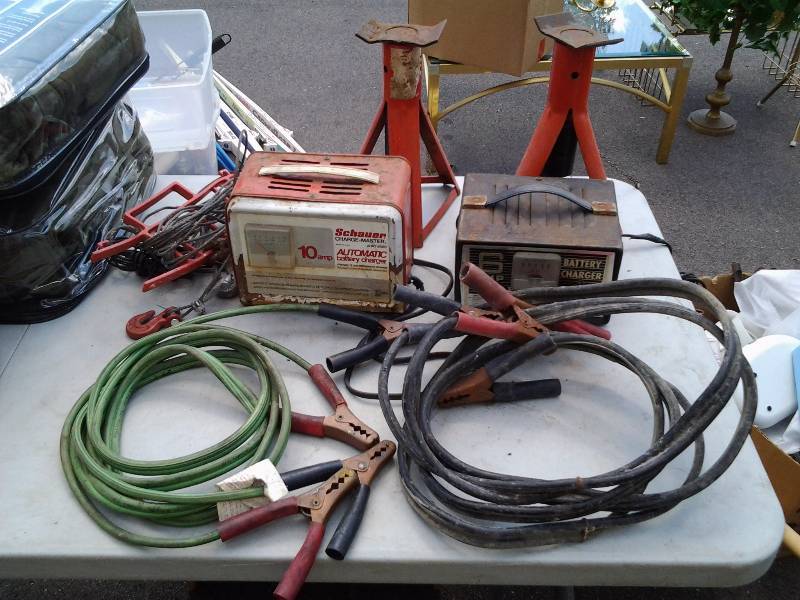 lot 9 image: 6-Amp & 10-Amp Battery Charger, Pair Jack Stands, 2-Pair Jumper Cables, Tow Cable