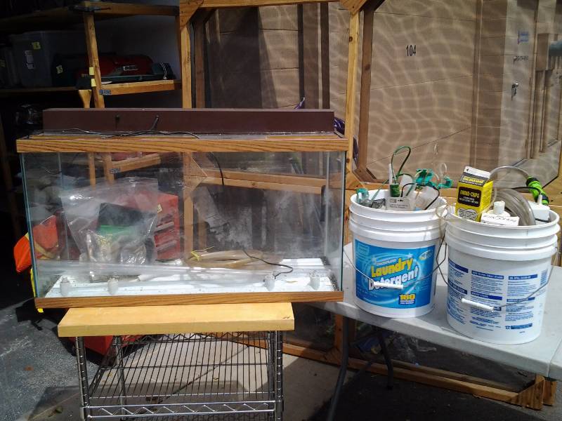 lot 13 image: Aquarium (30-Gallon ), 2-Pails Of Accessories, Chemicals, Test Kits, Related