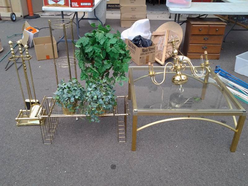 lot 15 image: Large Lot Of BrassGlass Decor  Coffee Table With Glass Top, Bed Tray, Plant Stands, Chandelier, More