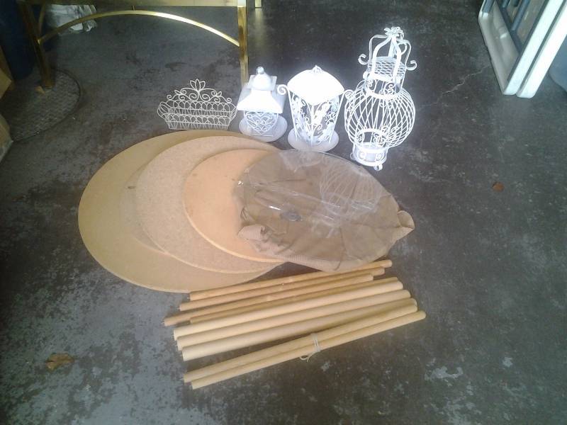 lot 36 image: 3-Wood Tables, Glass Tops, 3-Ornamental Metal Lanterns
