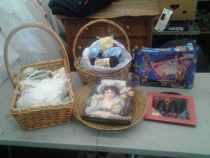 lot 38 image: Large Lot Of Craft Related  Skeins Of Yarn, Assorted Blade Scissors, Tulle, Lace, Baskets, Coca-Cola Puzzle