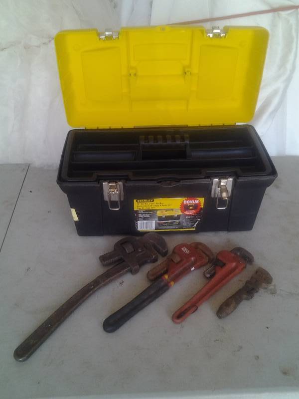 lot 42 image: Stanley Tool Box With 4-Pipe Wrenches