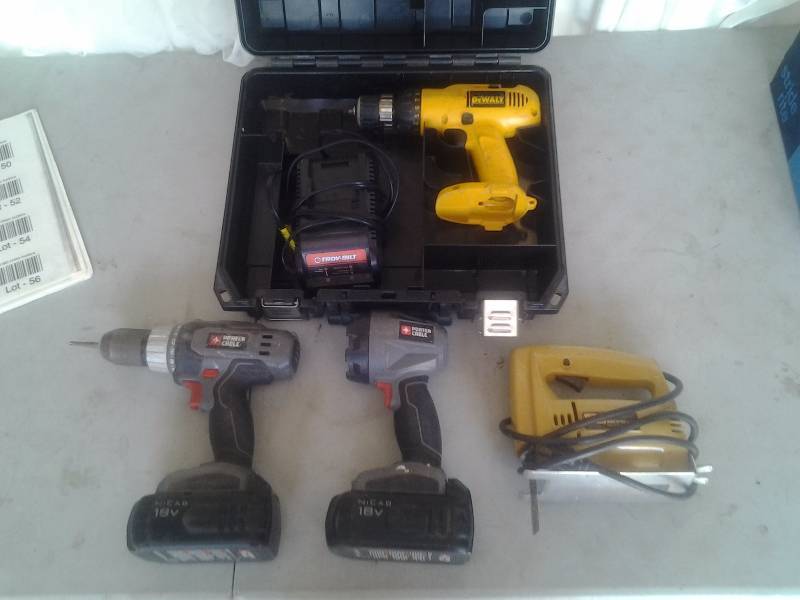 lot 47 image: Porter Cable Drill & Flashlight With Batteries (No Charger), Dewalt Drill (No Battery, No Charger), Troybilt Charger, Saber Saw