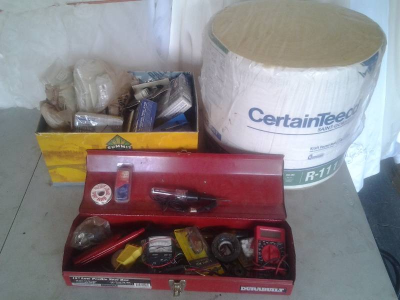 lot 53 image: Roll Of Insulation, Electrical Tools-Test Light, Mulitmeters, Electrical Outlet & Covers, Smoke Alarm, Related Hdwe