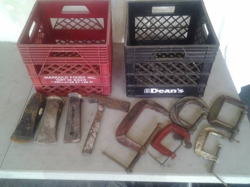 lot 57 image: Crate Of 2-Splitting Maul Heads, 1-Splitting Wedge, 1-Hatchet &  Crate Of Assorted C-Clamps