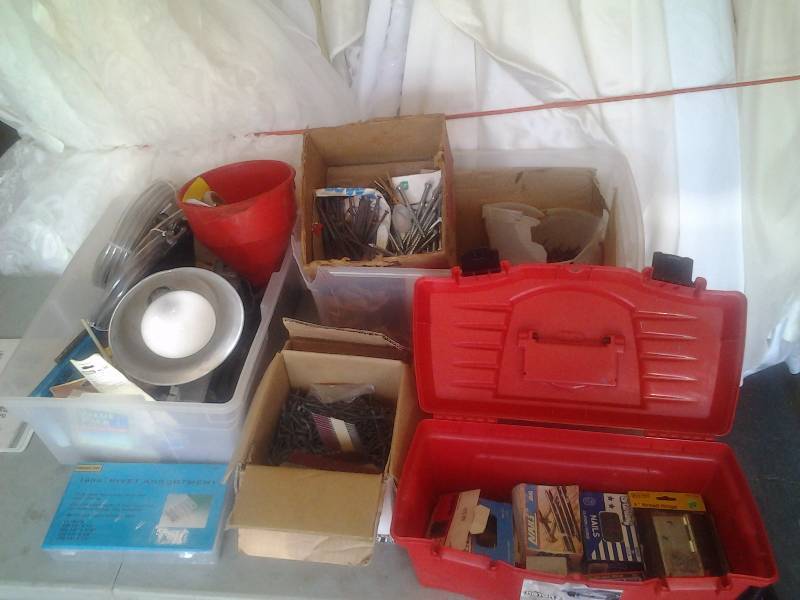 lot 59 image: Large Lot Of Hardware Nails, Screws, Rivets, Door Latches, Work Light, Zircon Electralevel