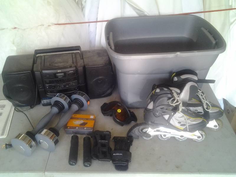 lot 65 image: JVC Boom Box, Inline Skates-(Size Mens 8Womens 10), Goggles, Shake Weights