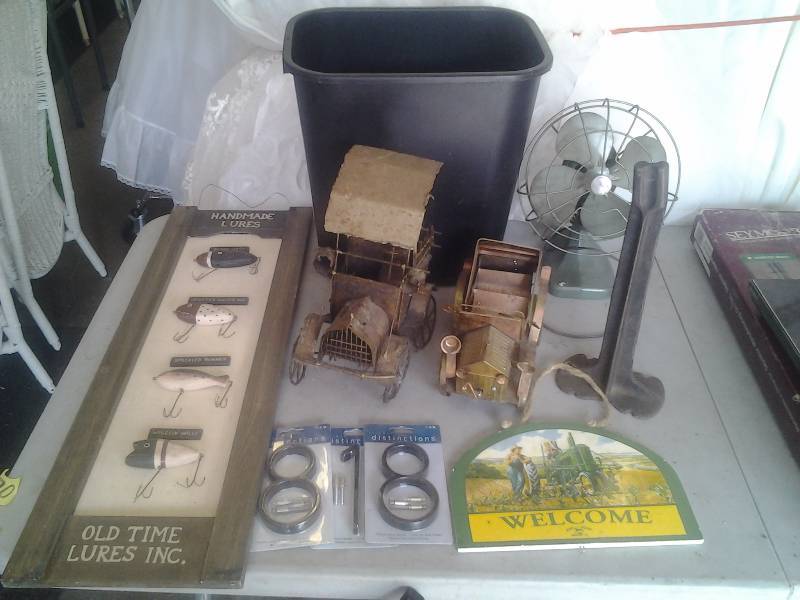 lot 69 image: Tin Sculpture Cars, Small Metal Fan, Fishing Lure Wall Decor