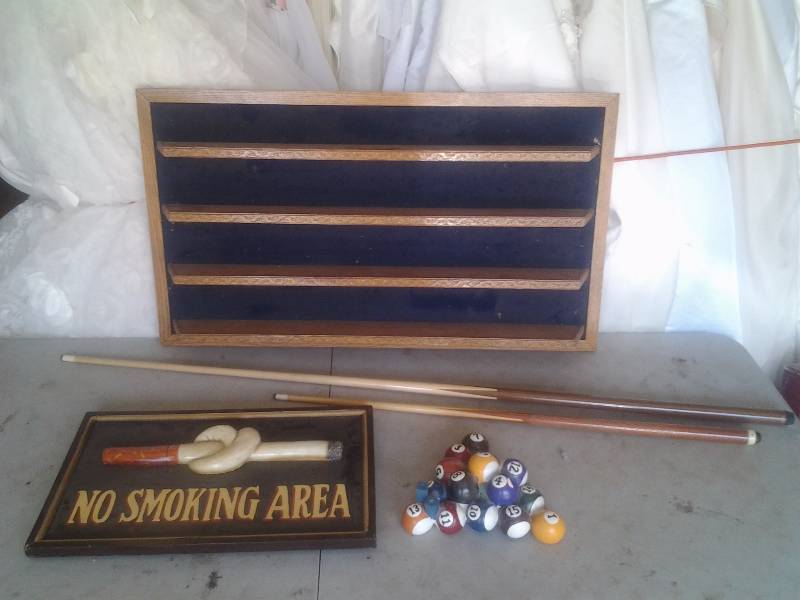 lot 73 image: 2-Pool Cues, Wall Shelf, Wall Decor