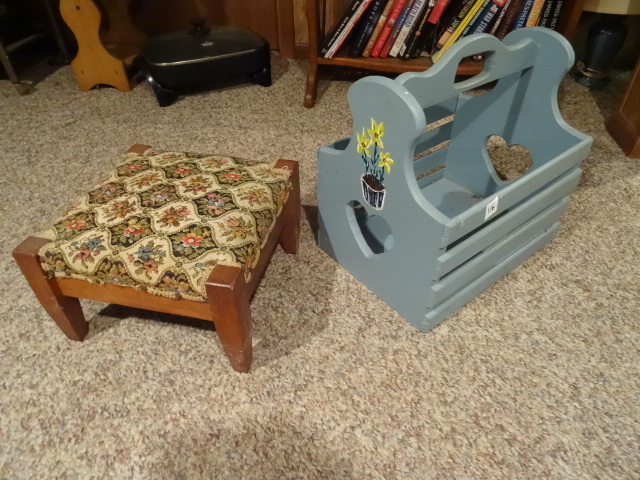 lot 116 image: Magazine rack and vintage stool...