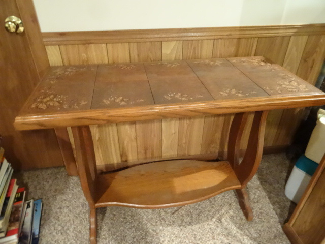 lot 128 image: Hand crafted tile top sofa table wi...