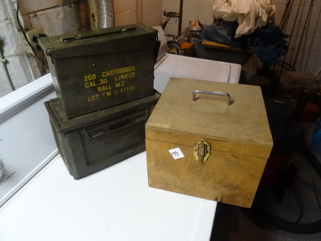 lot 133 image: Wood box. 2 metal ammo boxes...