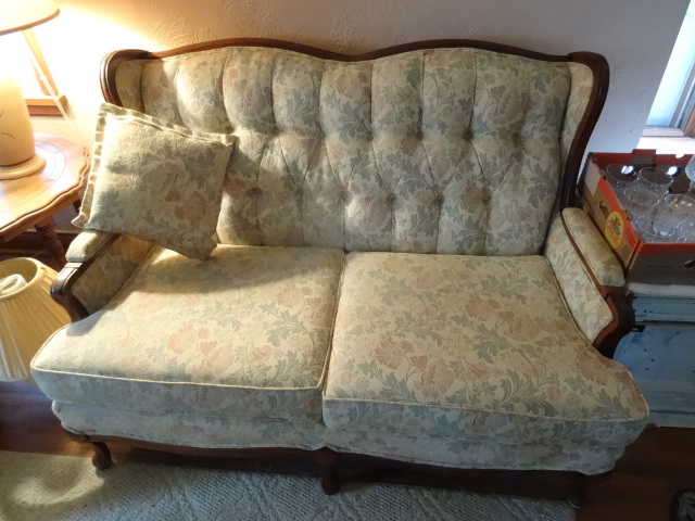 lot 181 image: wood framed love seat. With pillow....