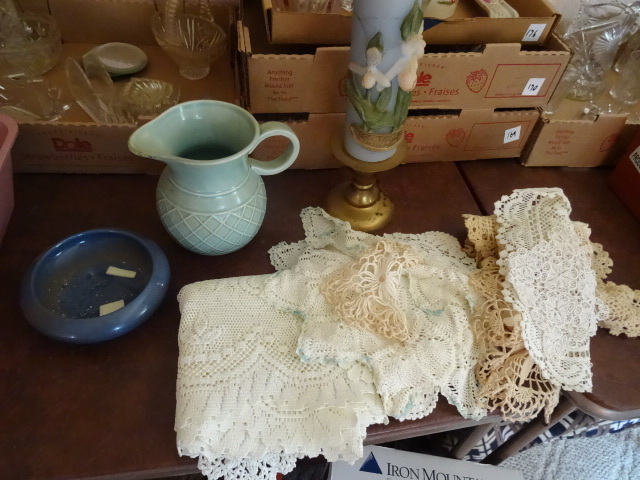 lot 186 image: Doilies. Ceramic pitcher. Brass can...