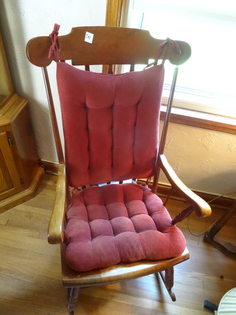 lot 201 image: Wood rocker with cushions. 22 x 27 ...