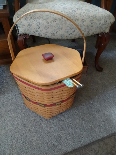 lot 217 image: Large Longaberger basket with knitt...