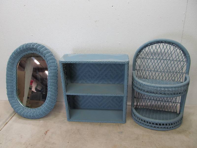 lot 31 image: Blue Painted Wicker Bathroom Set