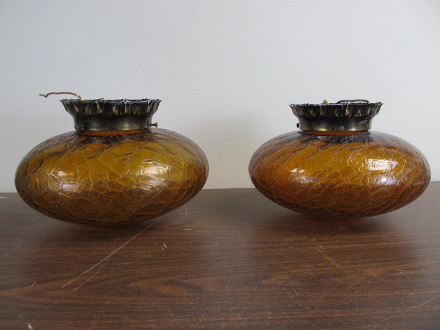 lot 113 image: Pair of Vintage SARAMA Amber Crackle Glass Light Fixtures