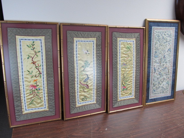 lot 181 image: 4 Vintage Framed Oriental Silk Banners