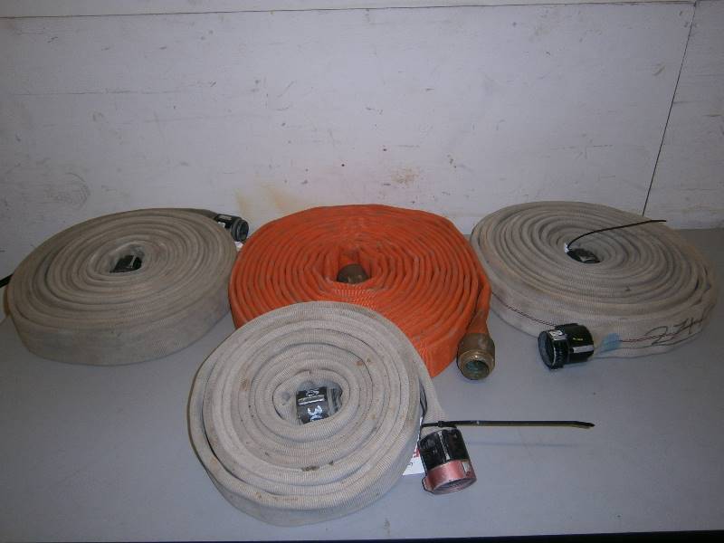 lot 141 image: Lot of 4 Fire Hoses with Brass and Aluminum Couplings