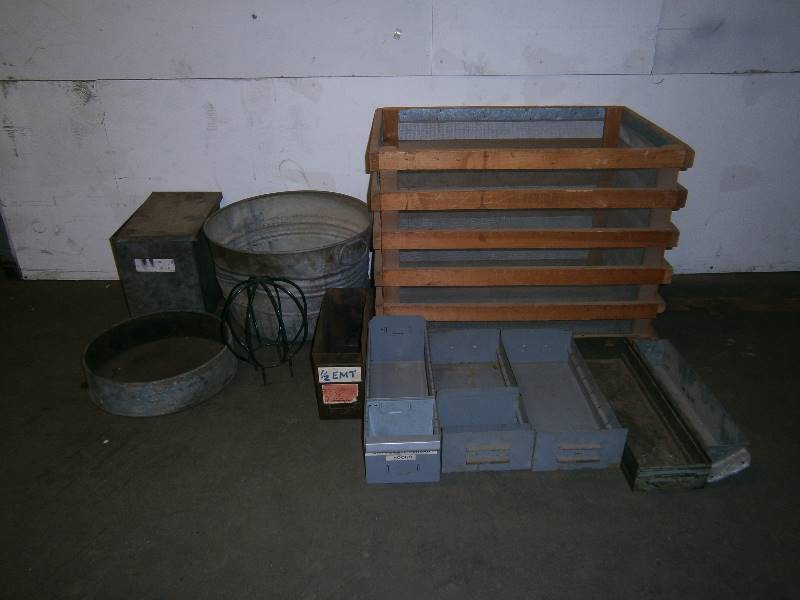lot 165 image: Primitive Lot Crate Galvanized Bushel Basket Drawers andmore