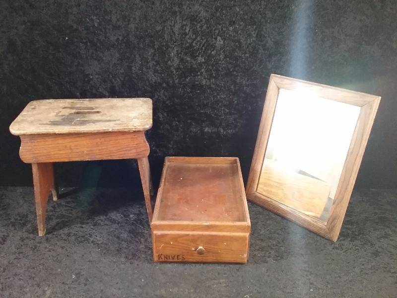 Lot - Wood Step Stool, Vintage Mirror, Wood Drawer