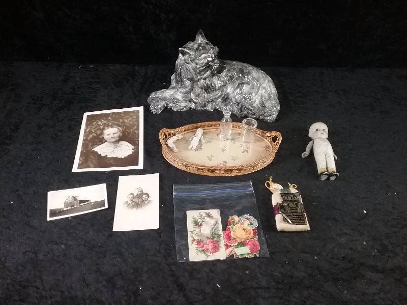 Lot - Misc - Dog Statue (Made in Italy), Bisque Dolls, Valentines, Photos, etc