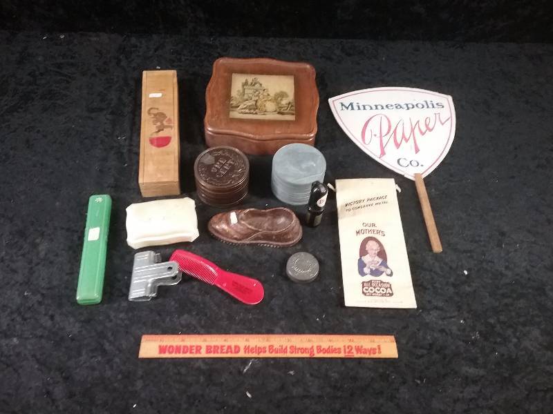 Lot - Misc Vintage Coin Banks, Pencil Box, Minneapolis Paper Advertising, Etc