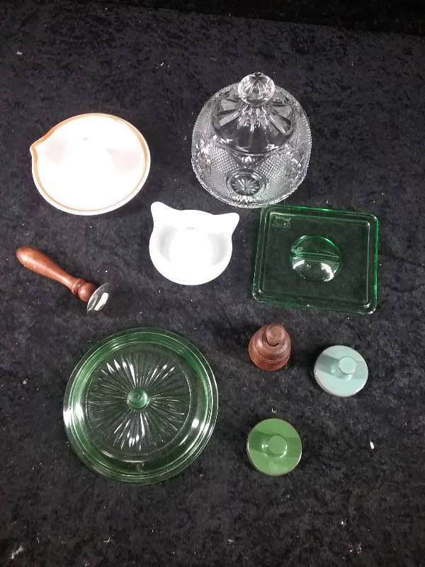 Lot - Misc Vintage Juicers, Green Glass Covers, etc