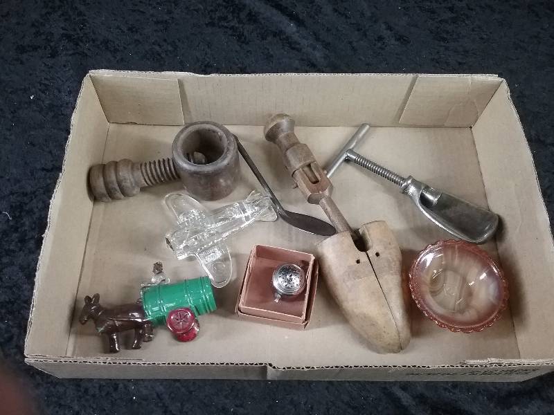 Lot - Misc Vintage Items, Glass Airplane, Wood Shoe Form, Etc